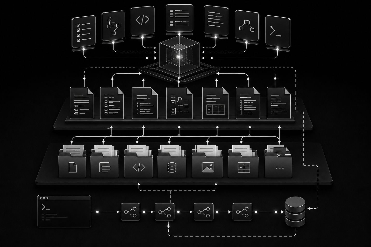 Monochrome diagram showing layered folders, markdown files, terminal pipelines, and compiled context flowing into an AI-operable system.