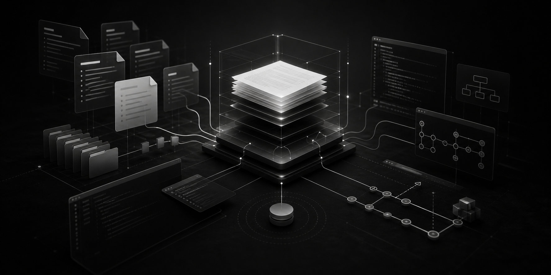 Abstract local-first second brain architecture with markdown files, terminal panels, and connected context layers.