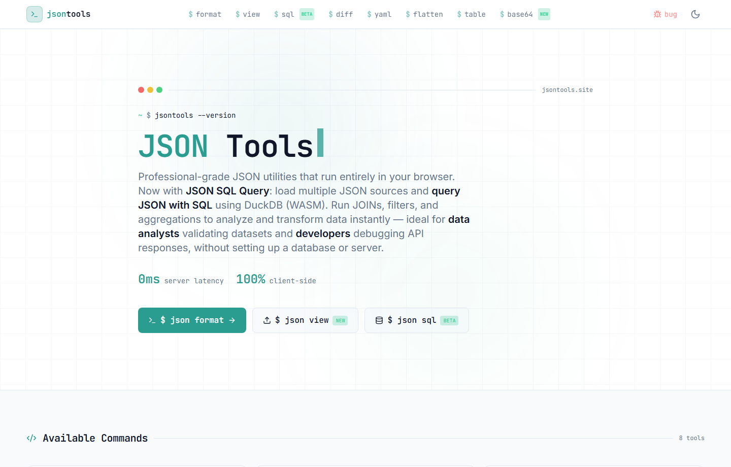 JSON Tools homepage showing browser-based JSON utilities and SQL query support powered by DuckDB.